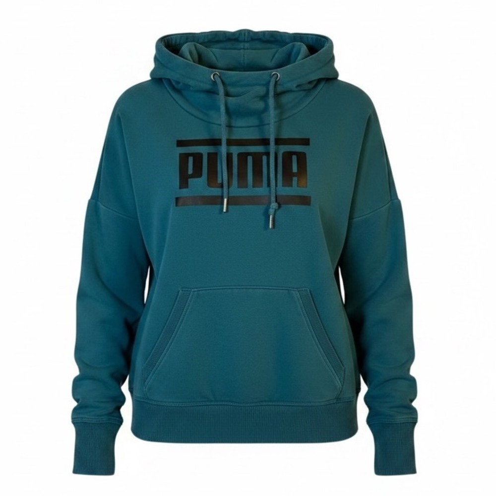 PUMA Women's Large Teal Logo Pullover Hoodie Cowl Neck Drawstring Cotton